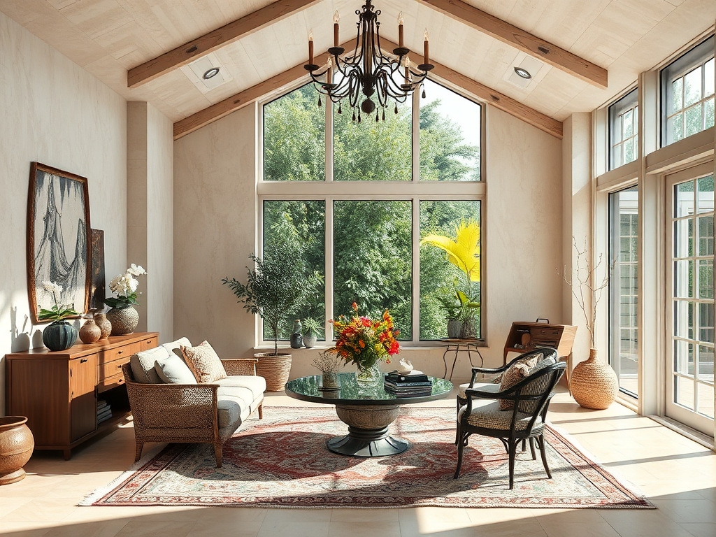 Светлая гостиная с большими окнами, уютной мебелью и цветами на столе, большой люстрой и красивым ковром.