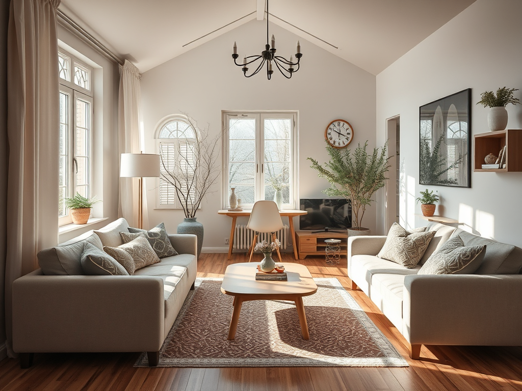 Светлая гостиная с удобной мебелью, большими окнами и зелеными растениями на столах и подоконниках.