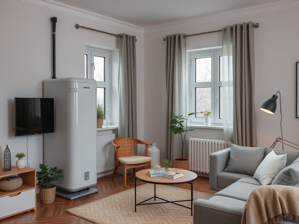 Современный интерьер с уютной мебелью, телевизором и холодильником в светлой комнате.