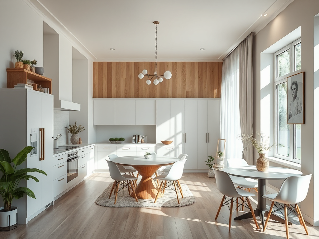Светлая кухня с обеденной зоной, белыми шкафами и деревянными элементами, украшена растениями и вазами.