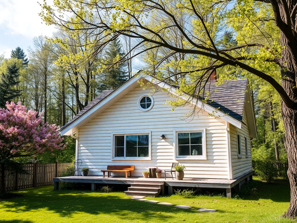 Уютный белый дом с верандой, окруженный зелеными деревьями и цветущими кустами. Солнечный день.