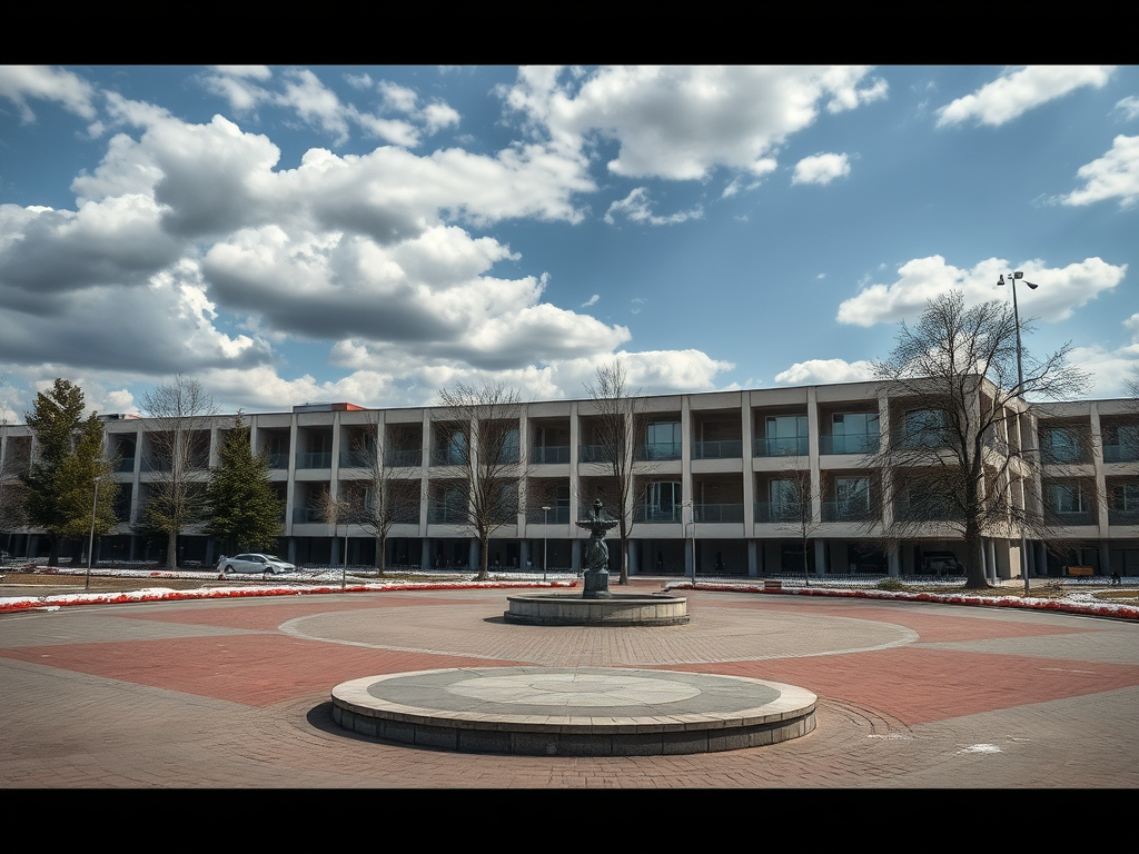 Здание с балконами на фоне облачного неба, фонтан в центре площади, окружённой деревьями.