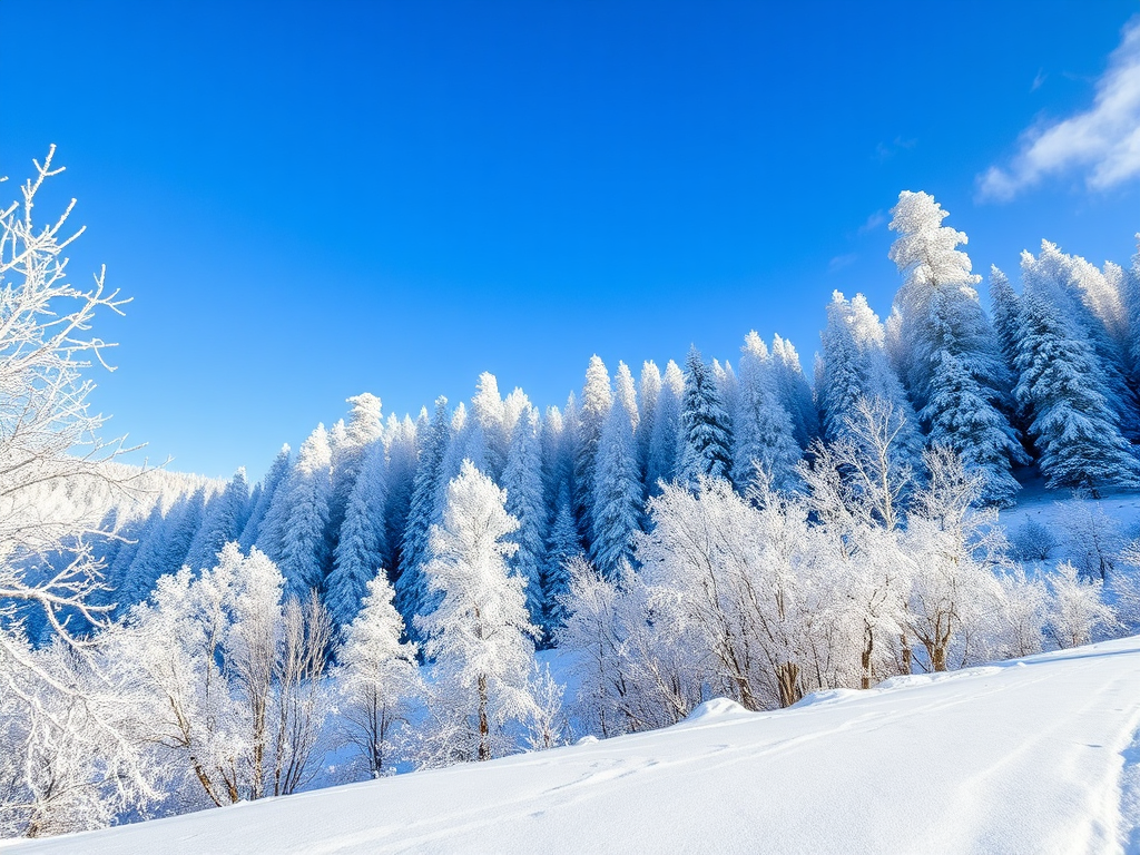 Зимний пейзаж с белыми елями и деревьями под ясным голубым небом, покрытыми снегом и инеем.