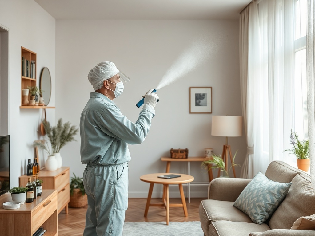 Человек в защитной одежде распыляет дезинфицирующее средство в комнате с ярким освещением.