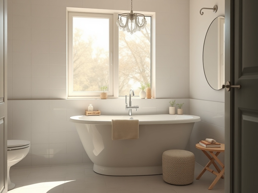 Современная ванная комната с ванной, окнами и стильными аксессуарами, наполненная светом и уютом.