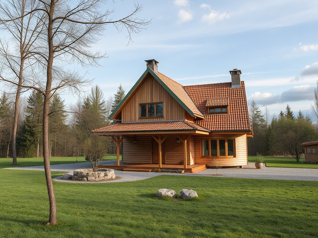 Деревянный дом с крышей из черепицы, окружённый зелёным газоном и деревьями на фоне.