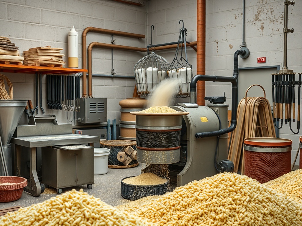 Склад с оборудованием для переработки зерна, мешками и инструментами для изготовления макарон.