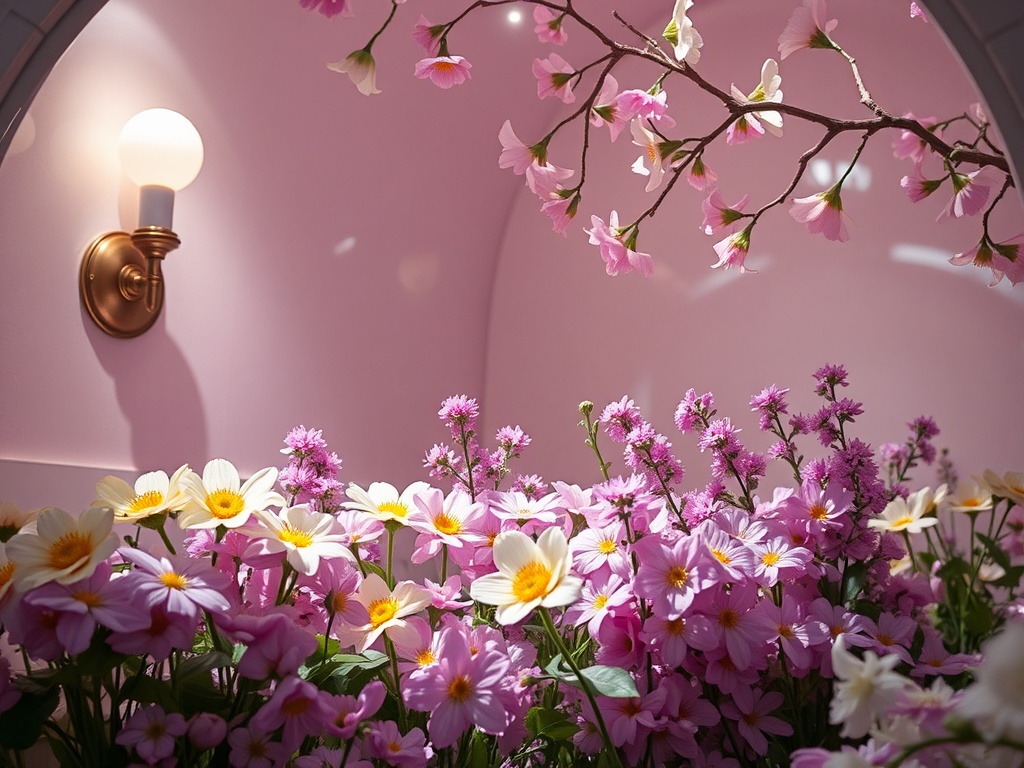 Цветы разных сортов на фоне розовых стен, освещенных мягким светом круглой лампы.