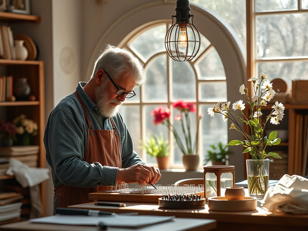 Старший мастер работает в светлой мастерской, окружённый растениями и инструментами для творчества.