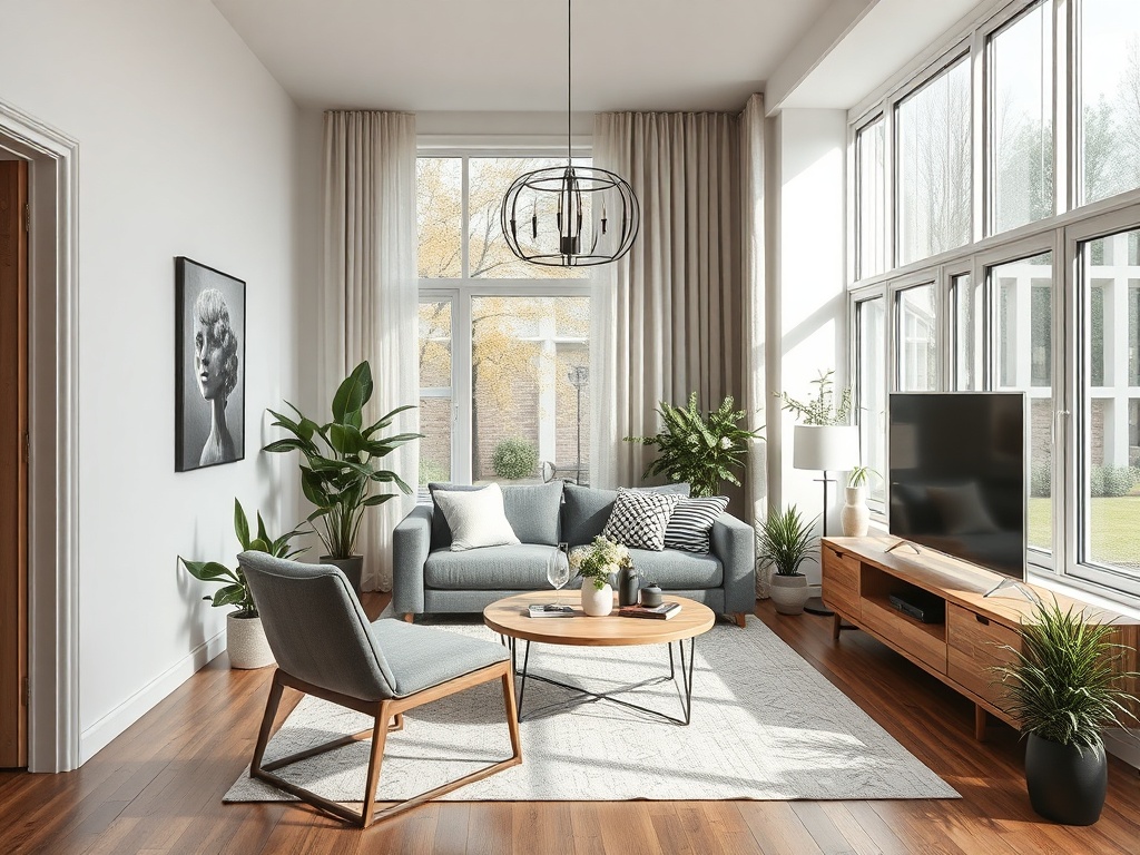 Светлая гостиная с большим окном, уютной мебелью и зелеными растениями на деревяном полу.