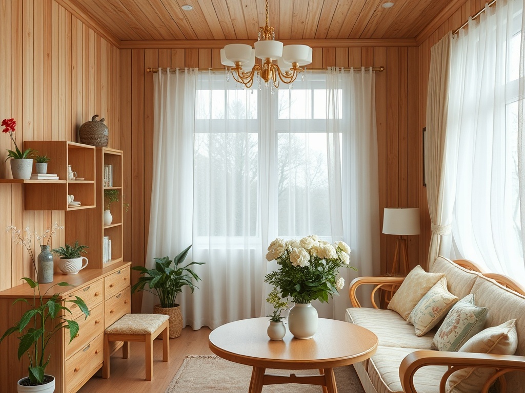 Уютная комната с деревянными стенами, диваном и цветами на столе, яркий свет через окна с занавесками.