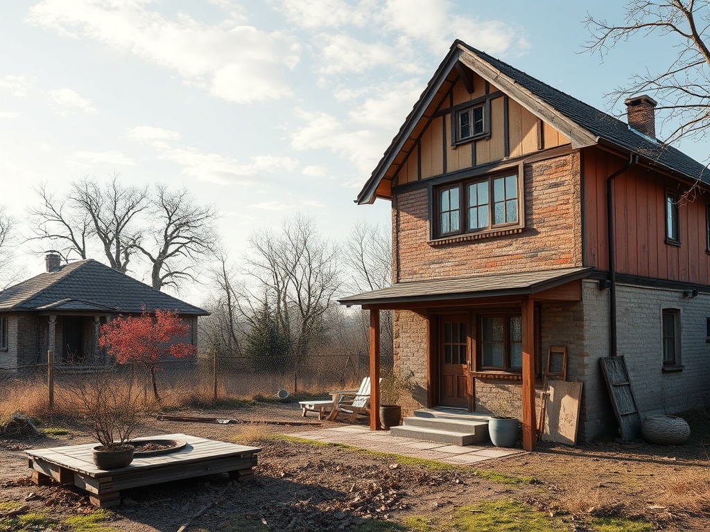 Деревянный дом с мансардой, окруженный деревьями, с террасой и небольшим садом. Уютная атмосфера.