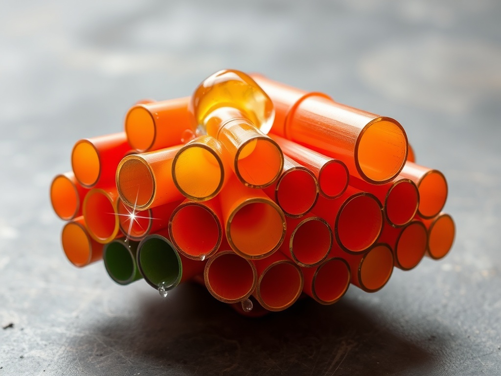 Стеклянные трубочки оранжевого и зеленого цвета, аккуратно уложенные друг на друга на темной поверхности.