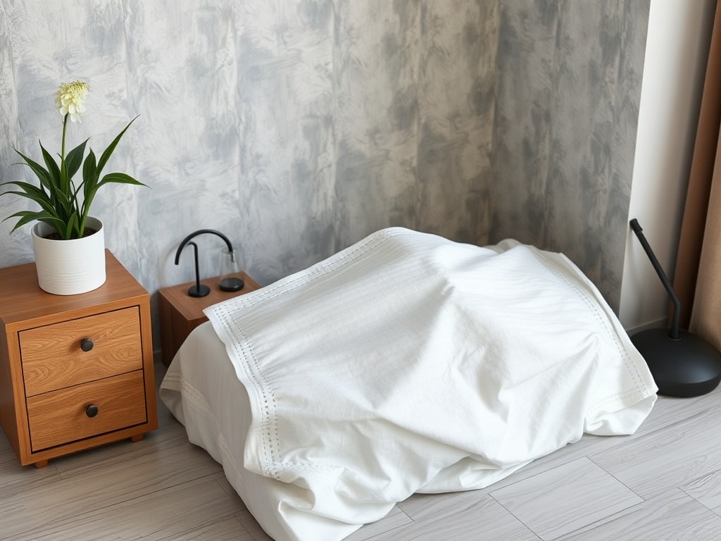 Уютная комната с белым одеялом, цветком на тумбочке и настольной лампой.