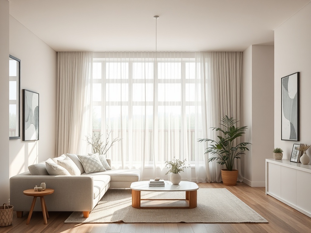 Светлая гостиная с большими окнами, уютным диваном и растениями на фоне нейтральных тонов.