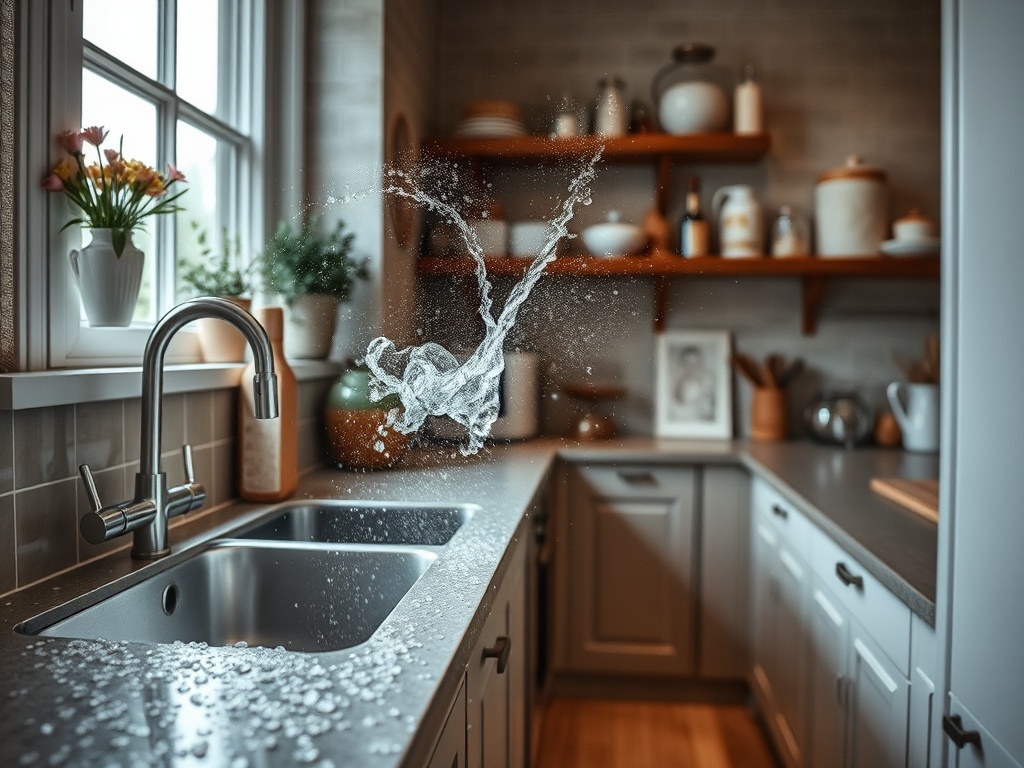 Современная кухня с раковиной и каплями воды, эффектное брызгание воды в воздухе.