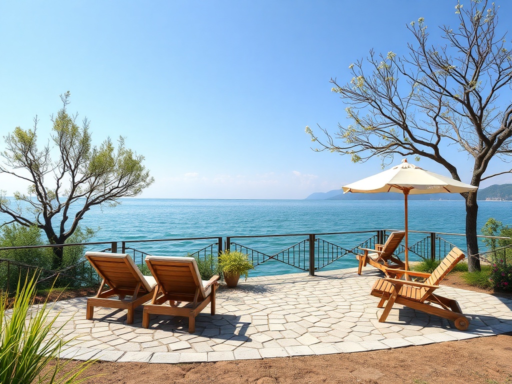 На берегу моря стоят шезлонги, вокруг зелень, под ярким голубым небом. Идеальное место для отдыха.