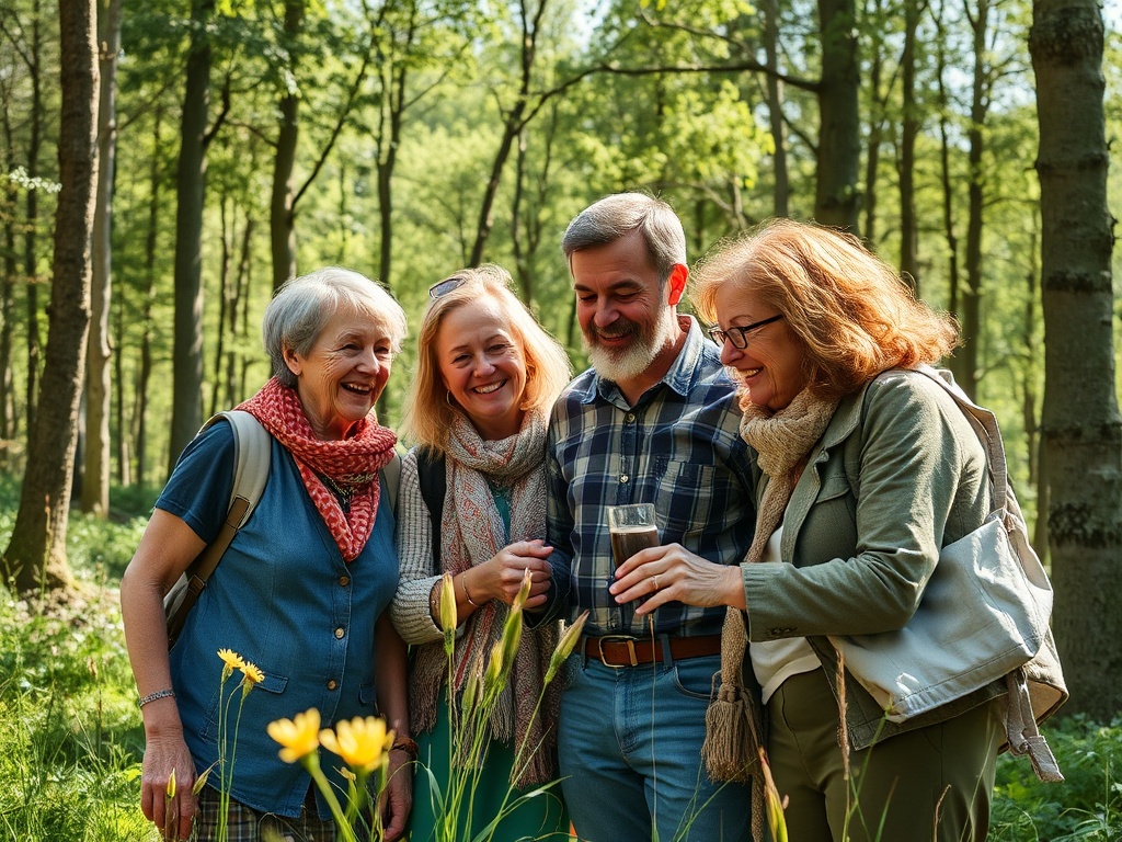 Четыре человека в лесу улыбаются и общаются, наслаждаясь теплом и природой вокруг.
