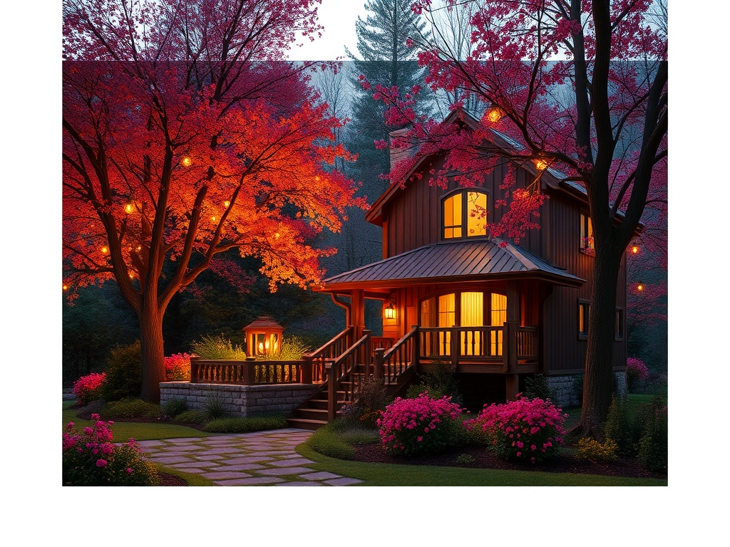 Загоревшийся дом среди ярких осенних деревьев с цветами и дорожками в уютном вечернем свете.