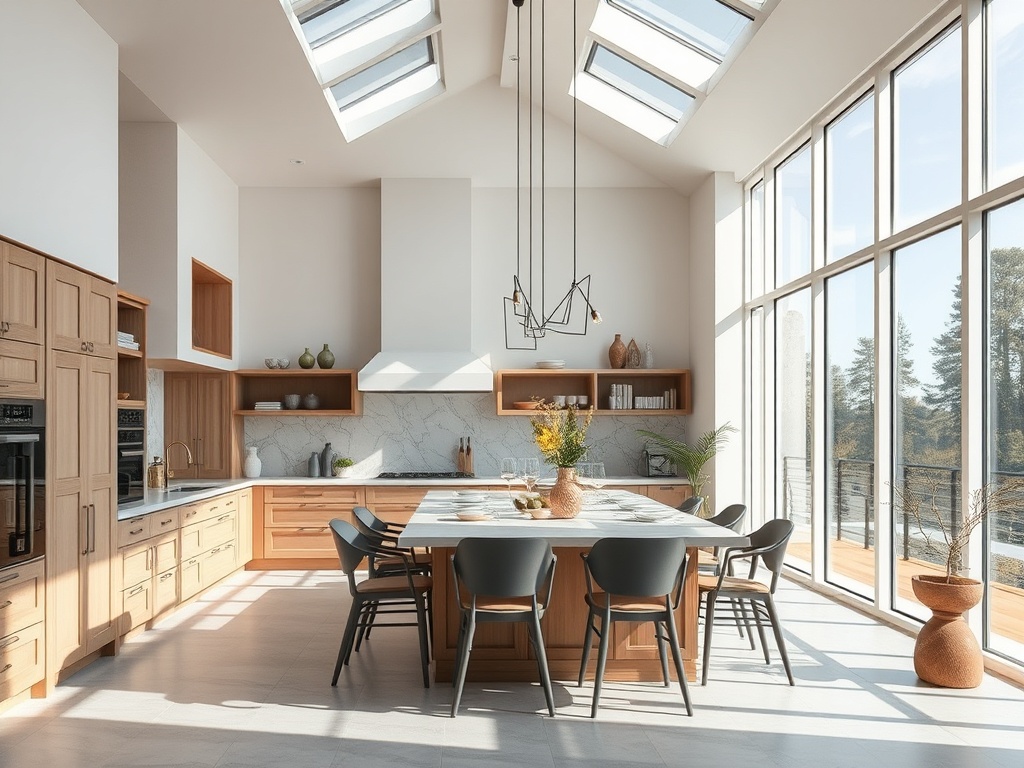 Современная кухня с большими окнами, деревянной мебелью и обеденным столом в светлых тонах.