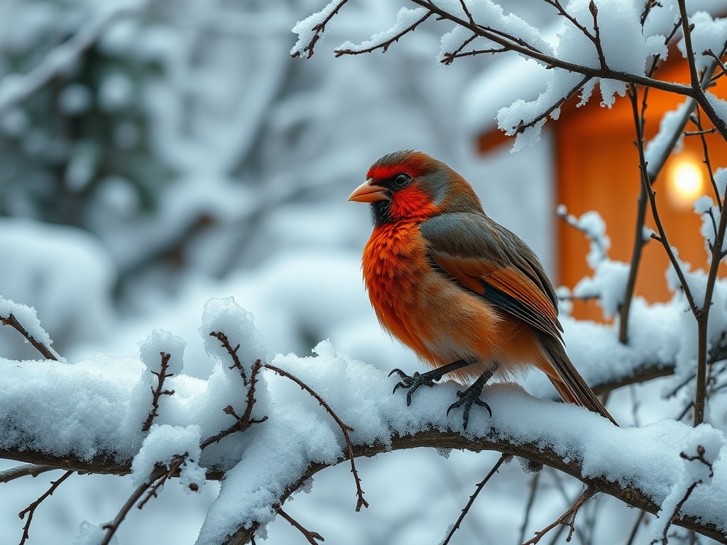 На ветке, покрытой снегом, сидит яркая птица на фоне зимнего пейзажа. Вечернее спокойствие.