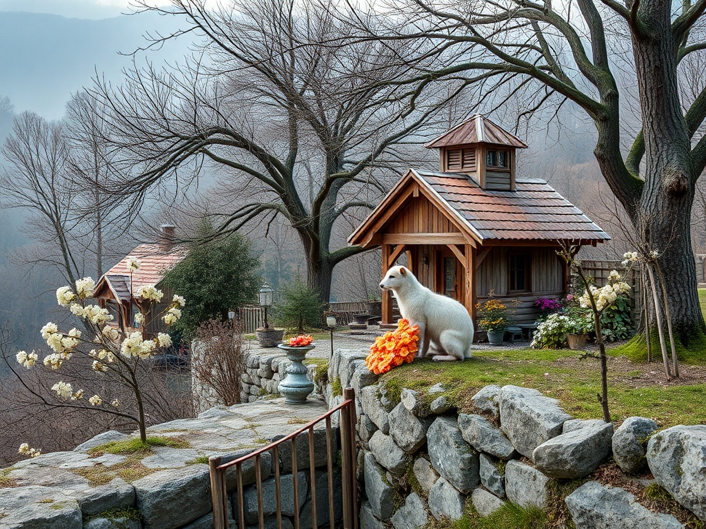 На фоне туманного леса находится деревянный дом, рядом с ним белый зверь с цветами. Пейзаж спокойный и красивый.