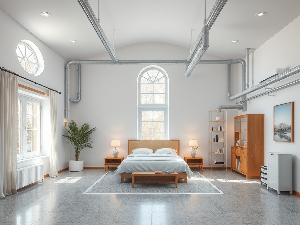 Современная спальня с большим окном, мягкой кроватью и деревянной мебелью, оформленная в светлых тонах.