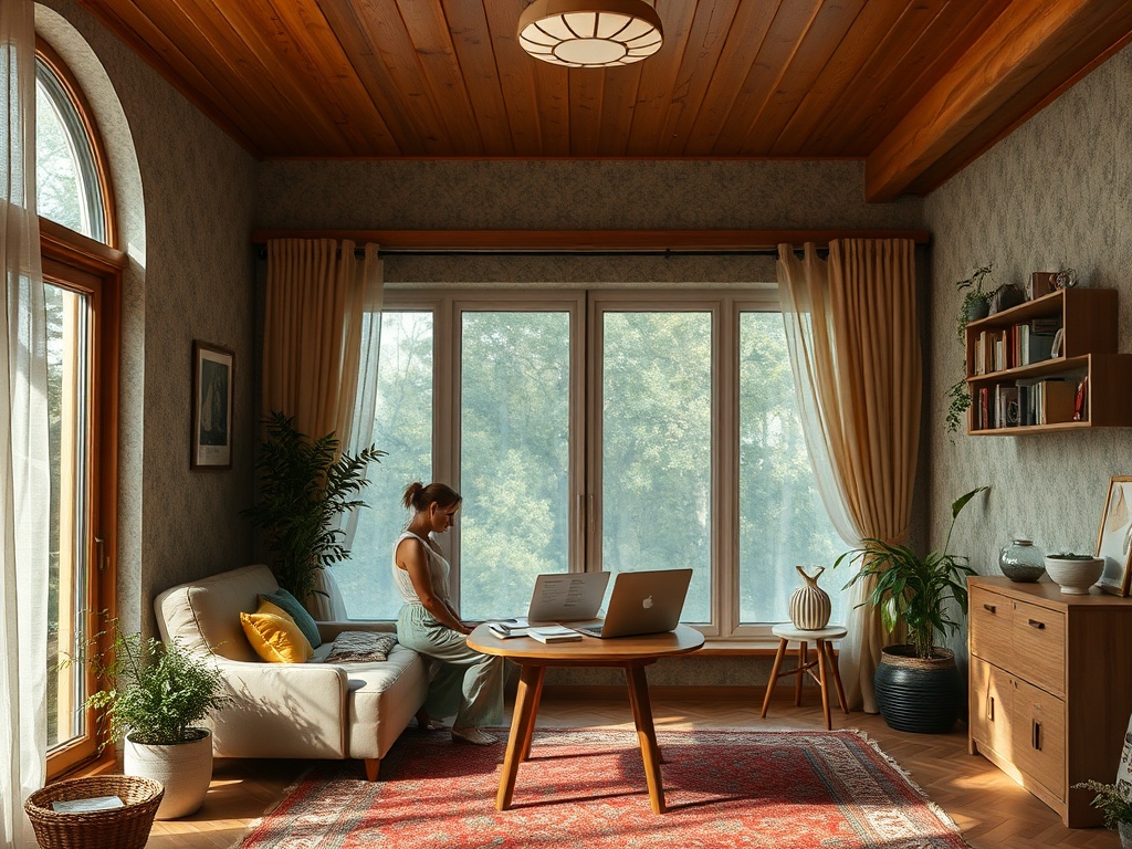 Уютная комната с диваном, столом и компьютером, девушка работает у окна с видом на природу.