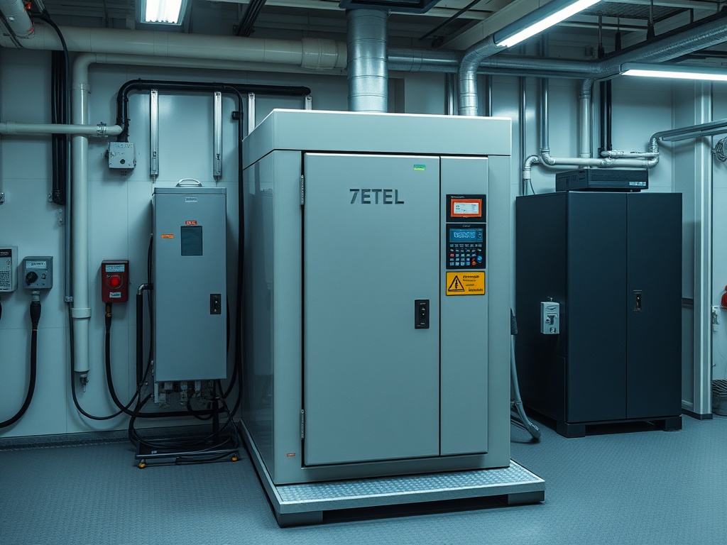 На изображении показан серверный шкаф с оборудованием, различными панелями и проводами в техническом помещении.