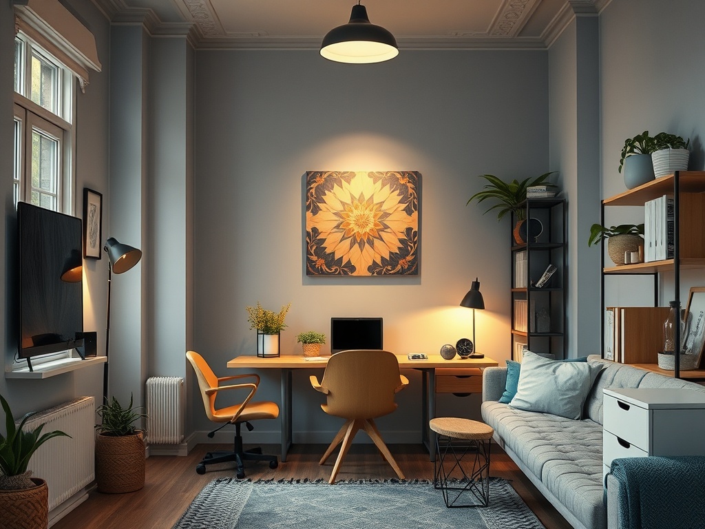 Современный офис в спокойных тонах, стол, стул и уютный диван с декоративными элементами и растениями.